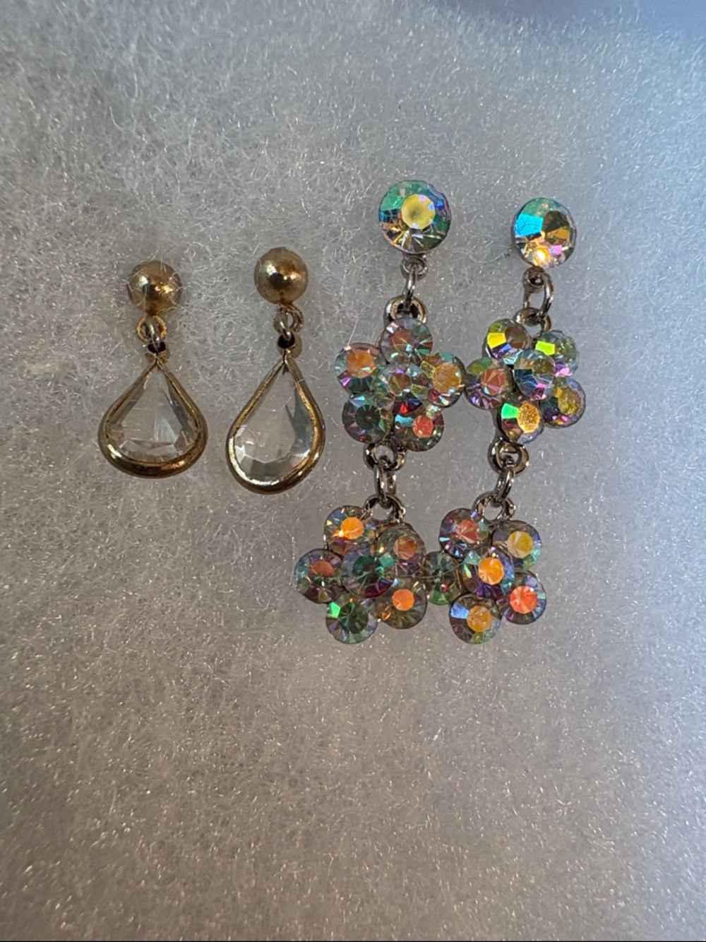 2PR Estate Dangle Pierced Earrings AB Crystal Flowers & Delicate Clear Teardrops